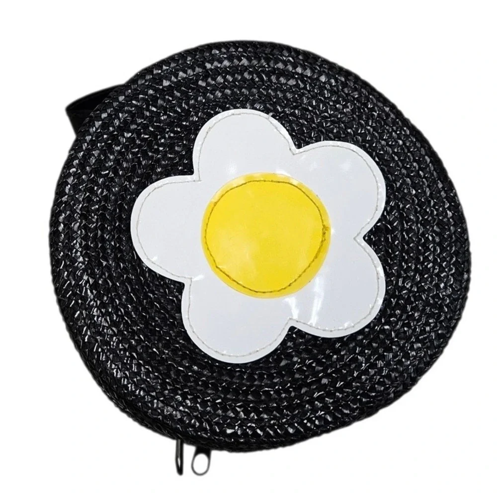 Sassy Black Round Straw Purse Daisy Flower Novelty Cute Small Handbag Satchel - Picture 6 of 9
